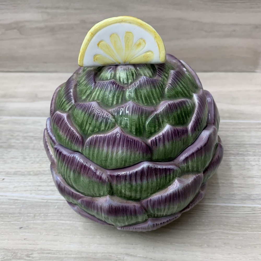 Fitz & Floyd Artichoke Bowl Lemon Wedge Lid Covered Ceramic Serving Dish VTG